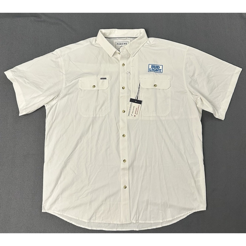 Poncho Outdoors Fishing Shirt Magnetic Pockets Budlight Logo XL White NWT